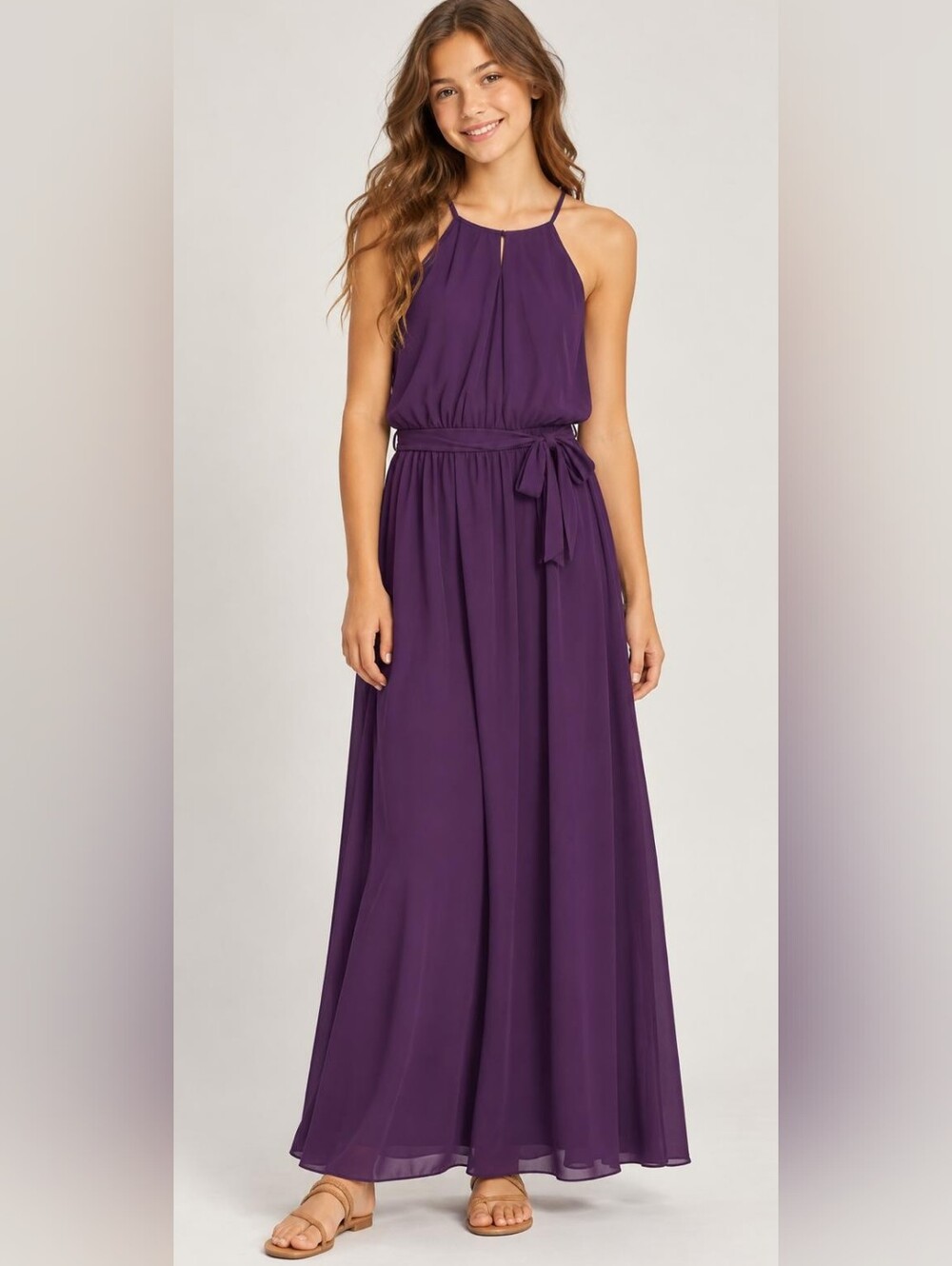 Girls Sleeveless Purple Maxi Dress with Waist Tie